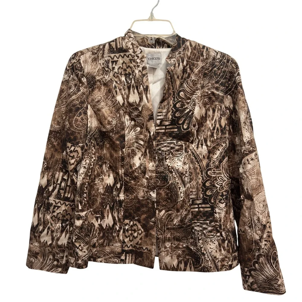 Chico's Blazer Jacket Brown Paisley Silk Cotton Print Size 0 XS Open Front Hook